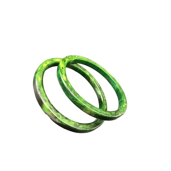 Vintage Bakelite Bangles Set of 2 Marbled Moss Green Squared Edges Design - Picture 1 of 7